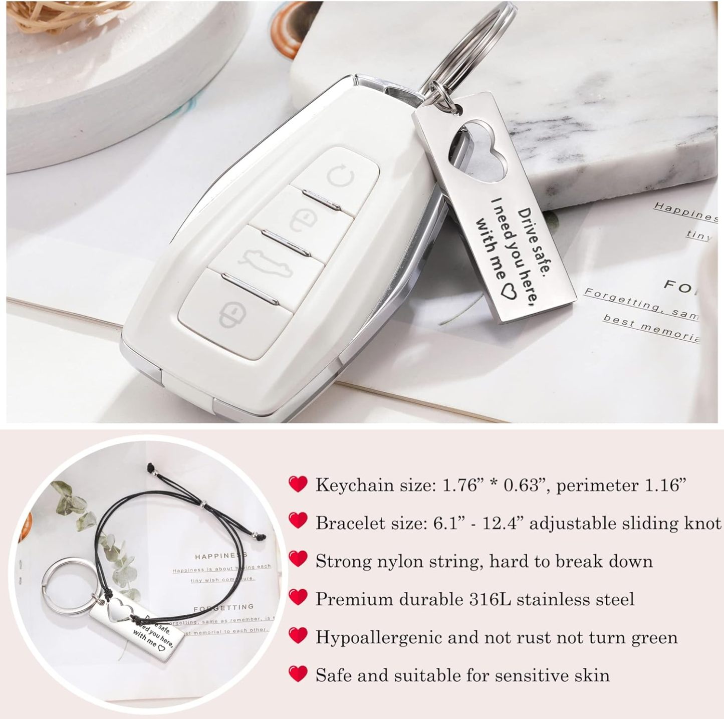To My Man Matching Keychain Bracelet Set Heart Keychain Adjustable Bracelet Gifts for Couple - Drive Safe I Need You Here With Me-Jessemade AU