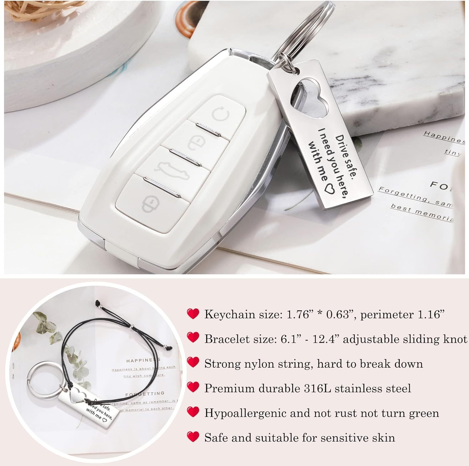 To My Husband Matching Keychain Bracelet Set Heart Keychain Adjustable Bracelet Gifts for Couple - Drive Safe I Need You Here With Me-Jessemade AU