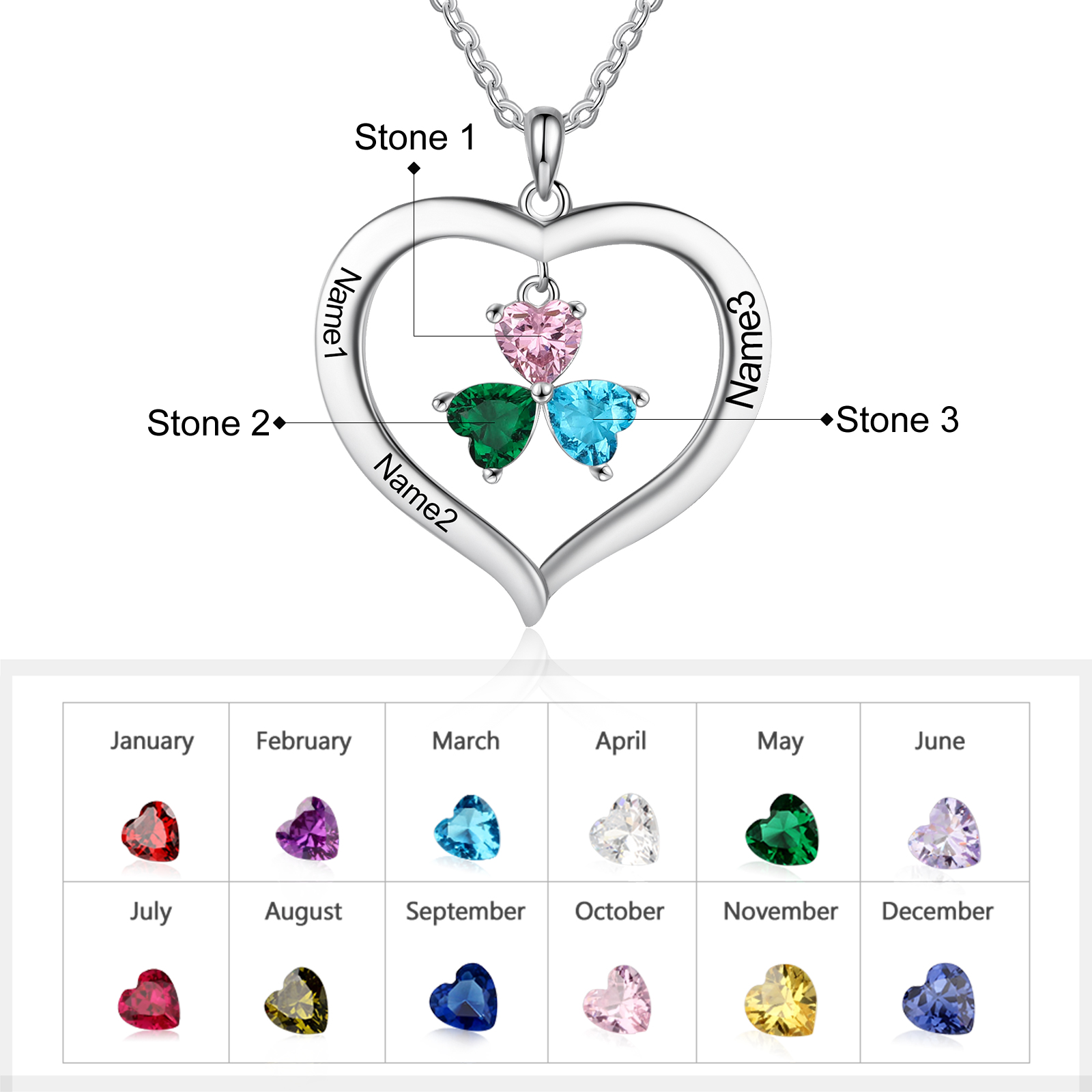Personalised Heart Pendant Necklace with 3 Birthstones Engraved Names Family Necklace Gifts for Her-Jessemade AU