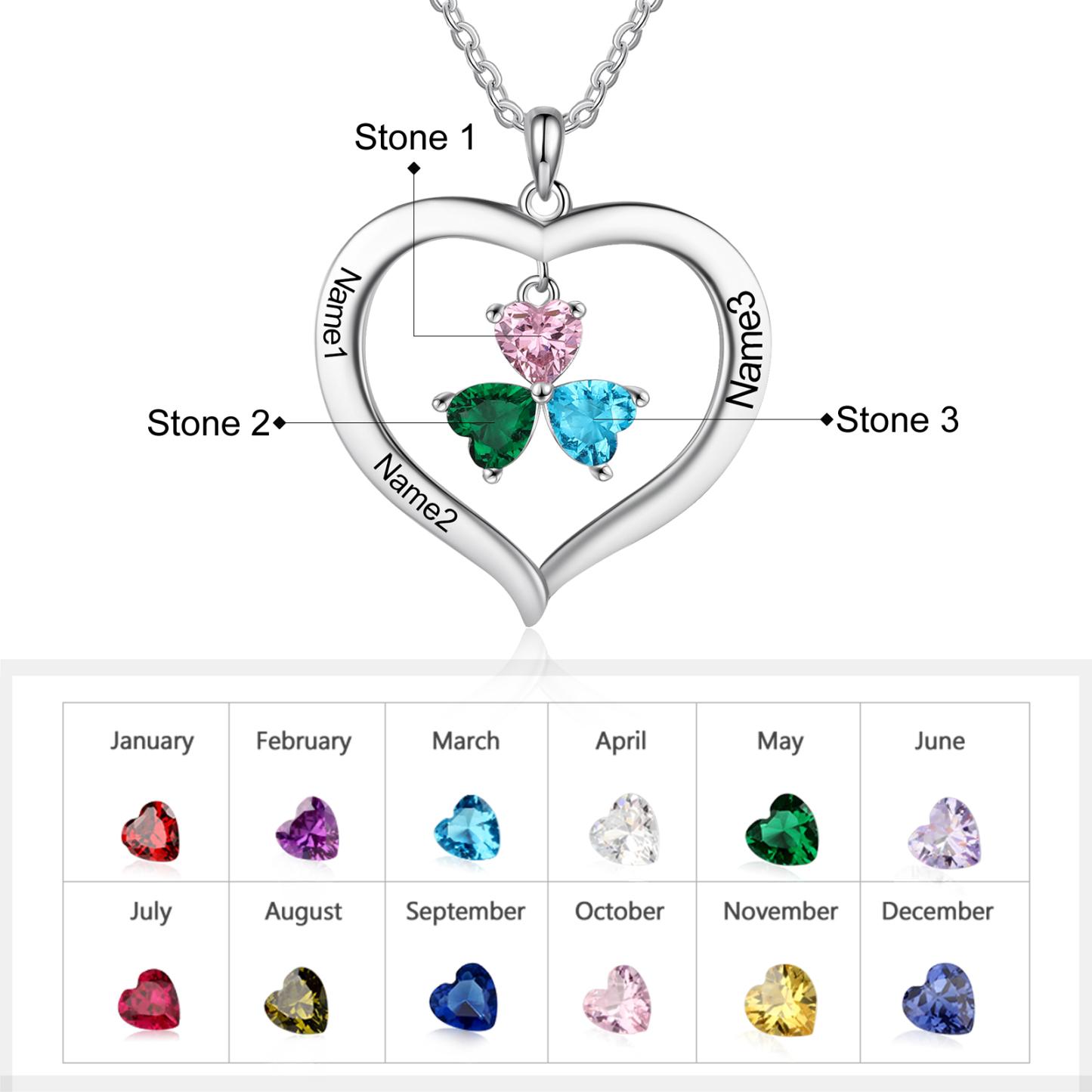 Personalised Heart Pendant Necklace with 3 Birthstones Engraved Names Family Necklace Gifts for Her-Jessemade AU