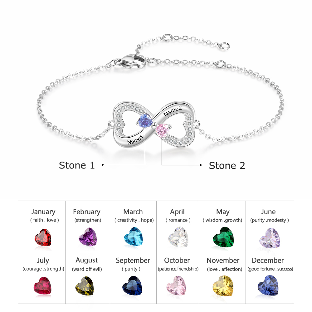 Personalised Bracelet With 2 Heart Birthstones Engraved Names Bracelet Gift For Women-Jessemade AU
