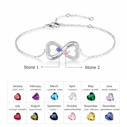 Personalised Bracelet With 2 Heart Birthstones Engraved Names Bracelet Gift For Women-Jessemade AU
