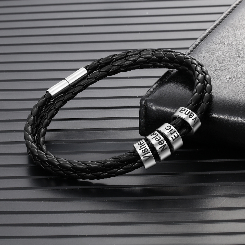 Braided Leather Personalised Name 4 Beads Men's Bracelets Gifts For Him Best Gift For Dad-Jessemade AU