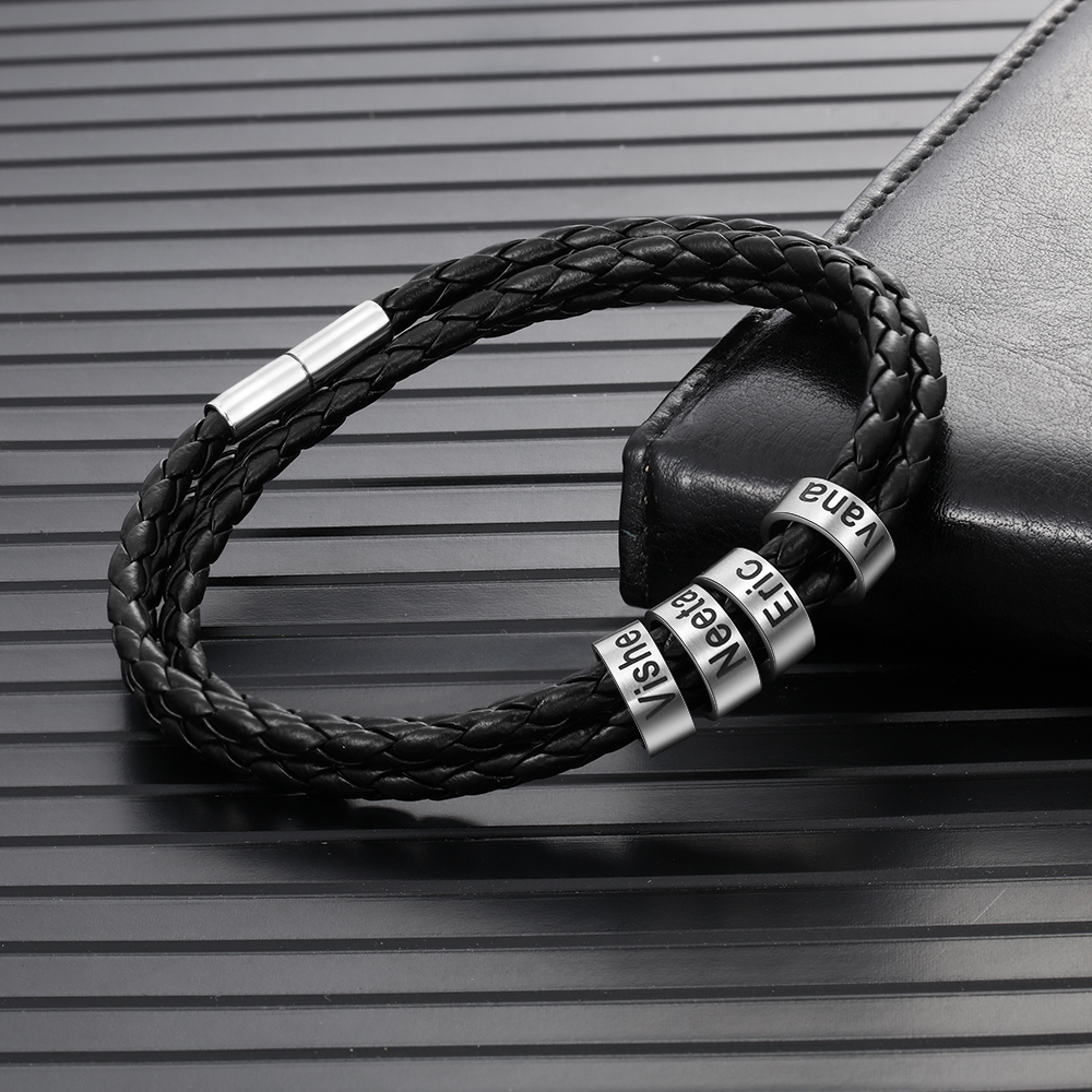 Braided Leather Personalised Name 4 Beads Men's Bracelets Gifts For Him Best Gift For Dad-Jessemade AU