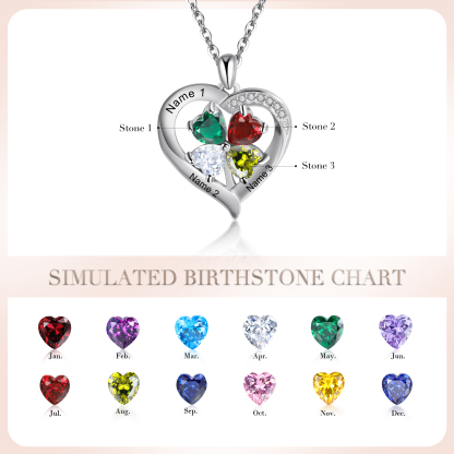Personalised Heart Necklace with 3 Birthstones Engrave Names Family Necklace for Mom-Jessemade AU