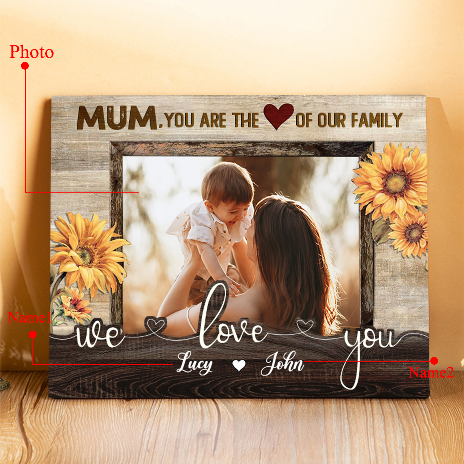 Personalised 2 Names & 1 Photo Wooden Plaque Custom Sunflower Home Decor Gifts for Mum - You Are The Heart/Love Of Our Family-Jessemade AU