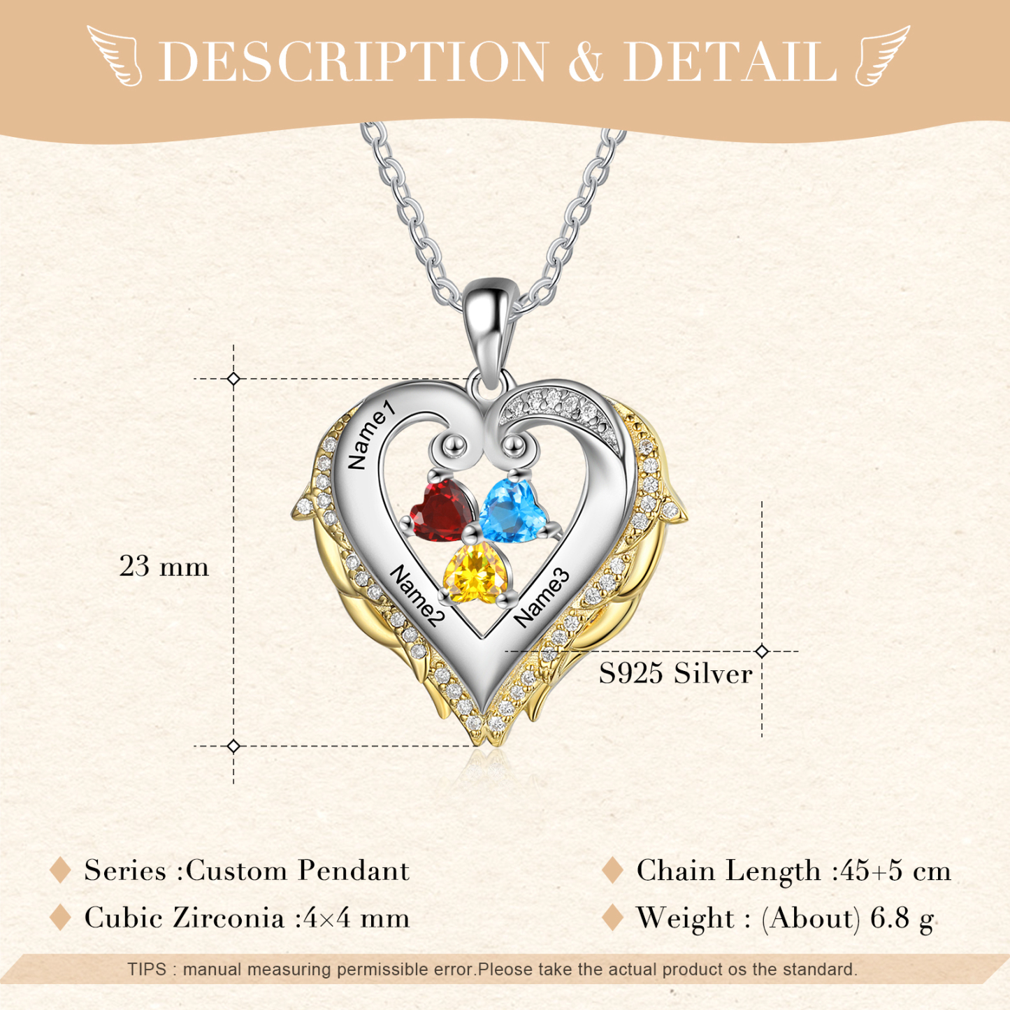 Personalised Heart Wings Necklace With 3 Birthstones Custom Names Gift For Her-Jessemade AU
