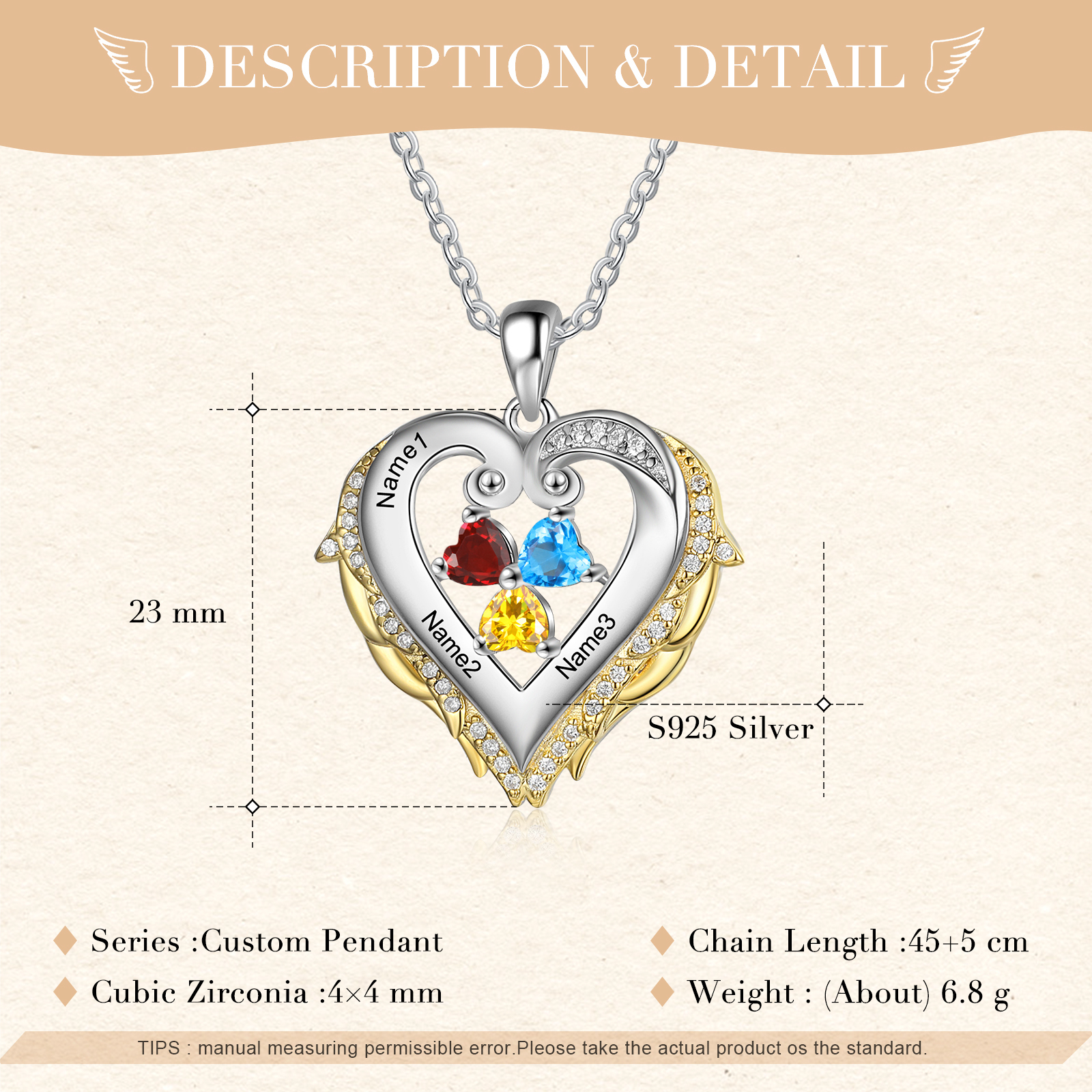 Personalised Heart Wings Necklace With 3 Birthstones Custom Names Gift For Her-Jessemade AU