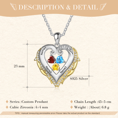 Personalised Heart Wings Necklace With 3 Birthstones Custom Names Gift For Her-Jessemade AU