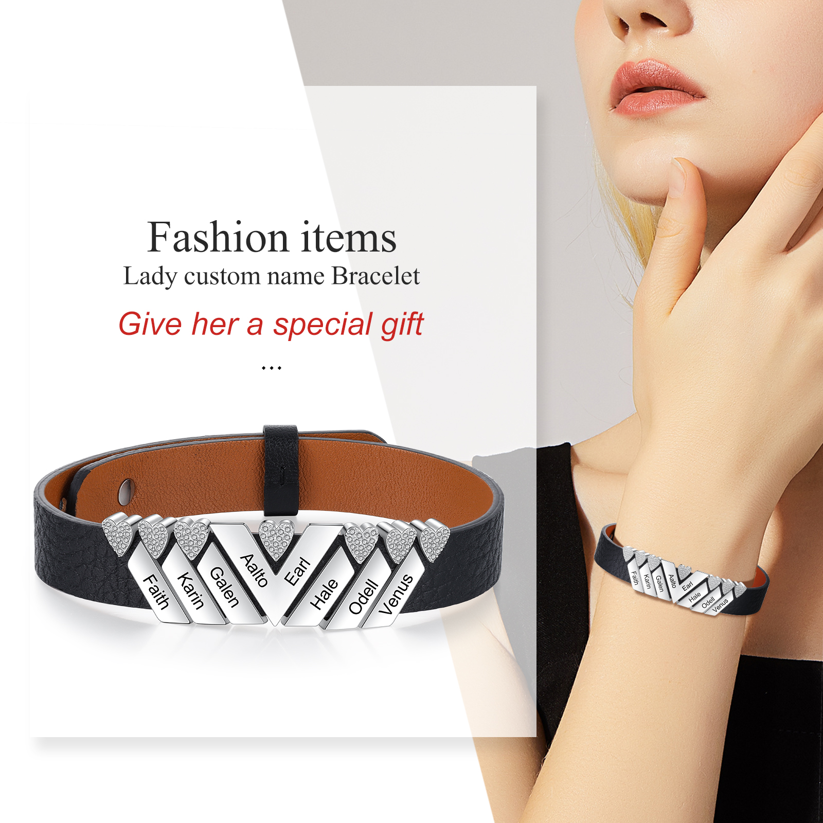 Personalised Leather Bracelet with Beads Engraved 8 Names Bangle for Him-Jessemade AU