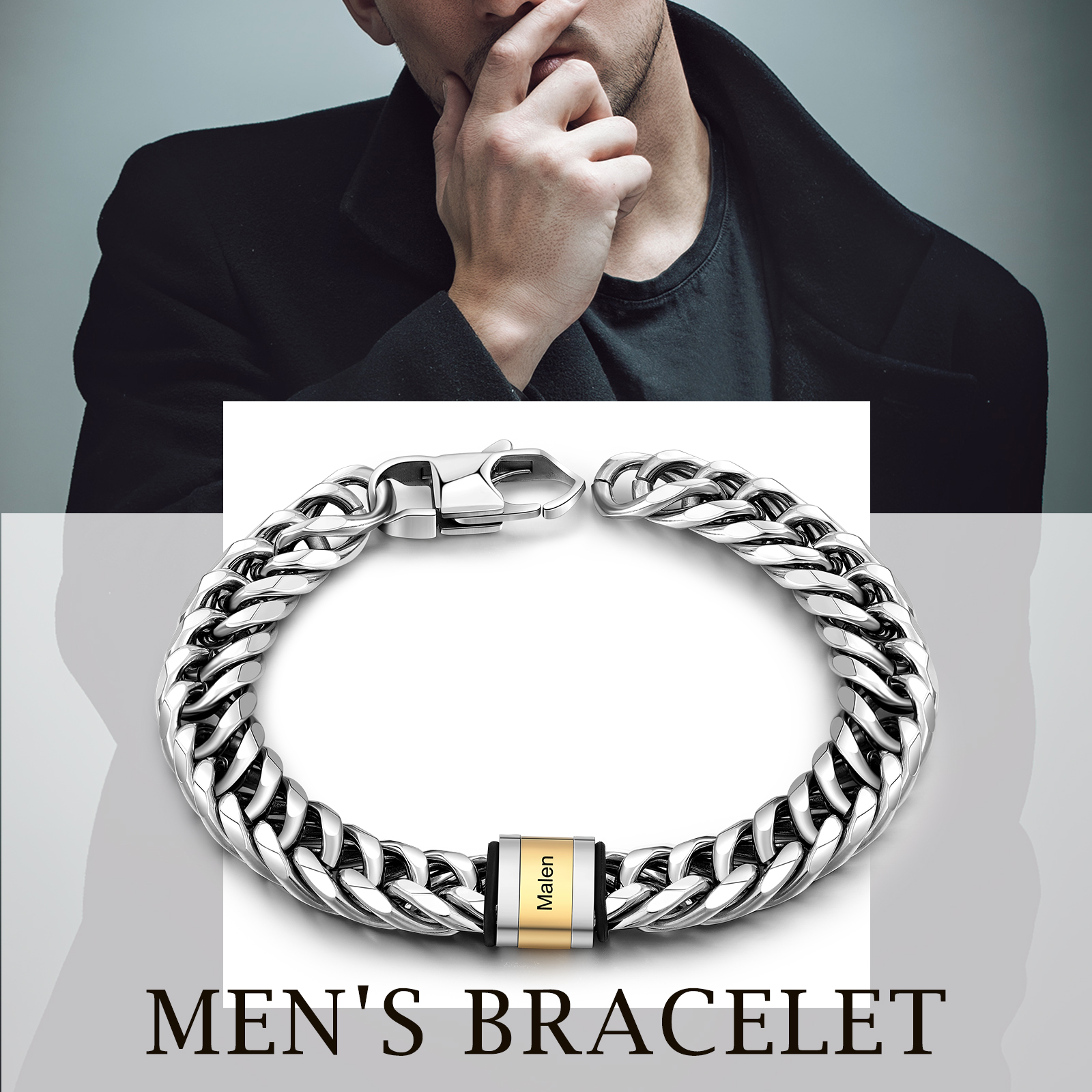 Personalised Cuban Chain Bracelet Custom 1 Name Bead Men's Bracelet