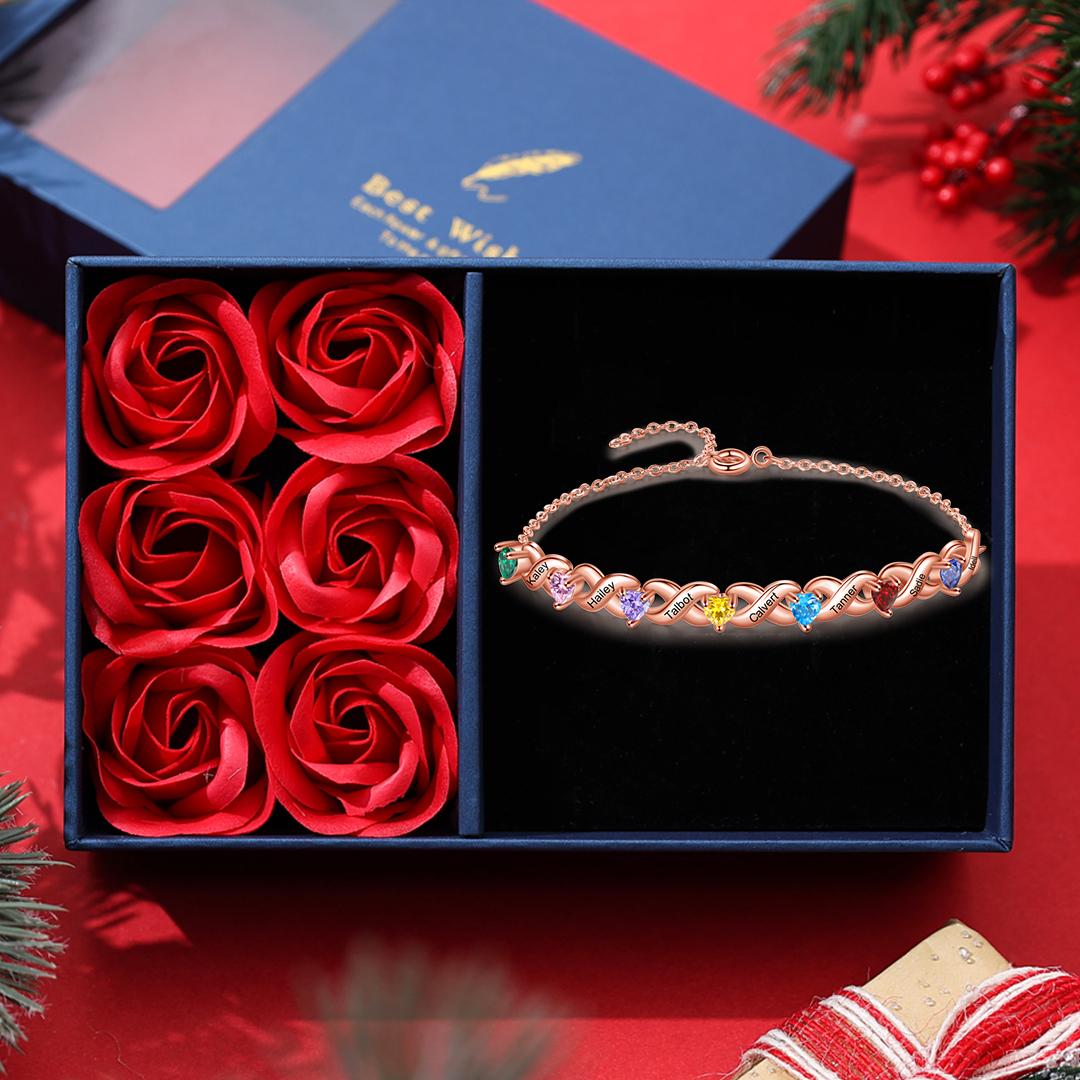 Family Custom Bracelet Heart Personalised with 7 Birthstones Gift Box Set-Jessemade AU