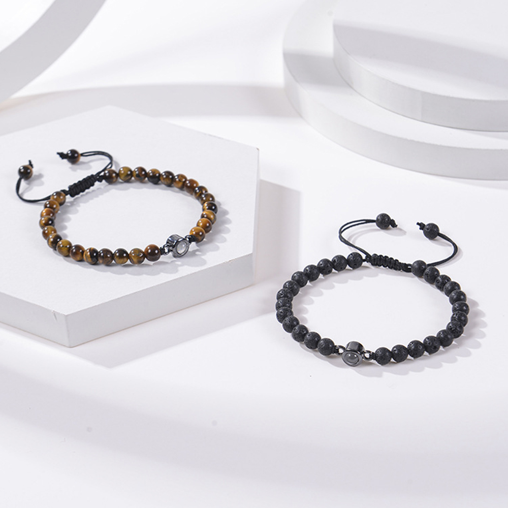 Tiger Eye Men's Bracelet Personalised Photo Projection Bracelet Black Gallstone Beads Warp Bracelet-Jessemade AU