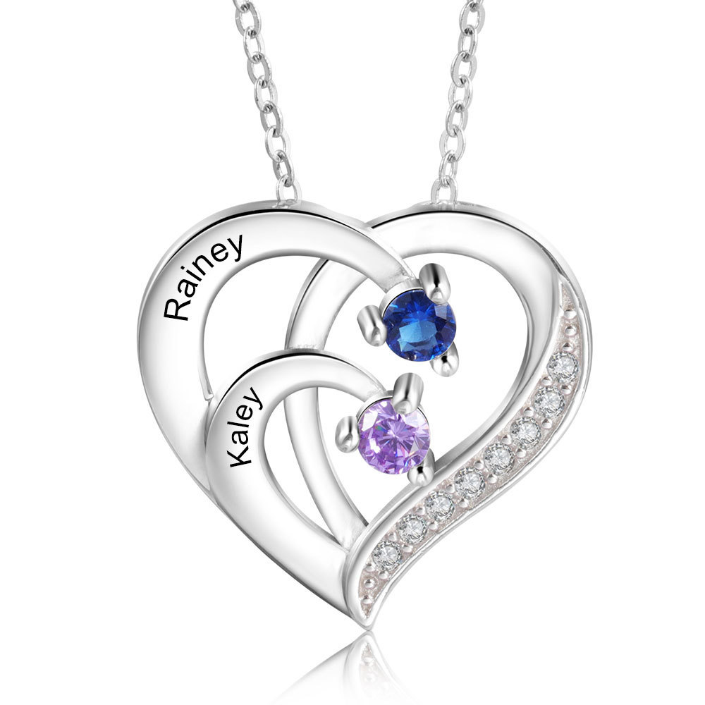 Personalised Mother Necklace 2 Stones Engraved 2 Names Birthstone Intertwined Heart Pendant Gifts for Her-Jessemade AU