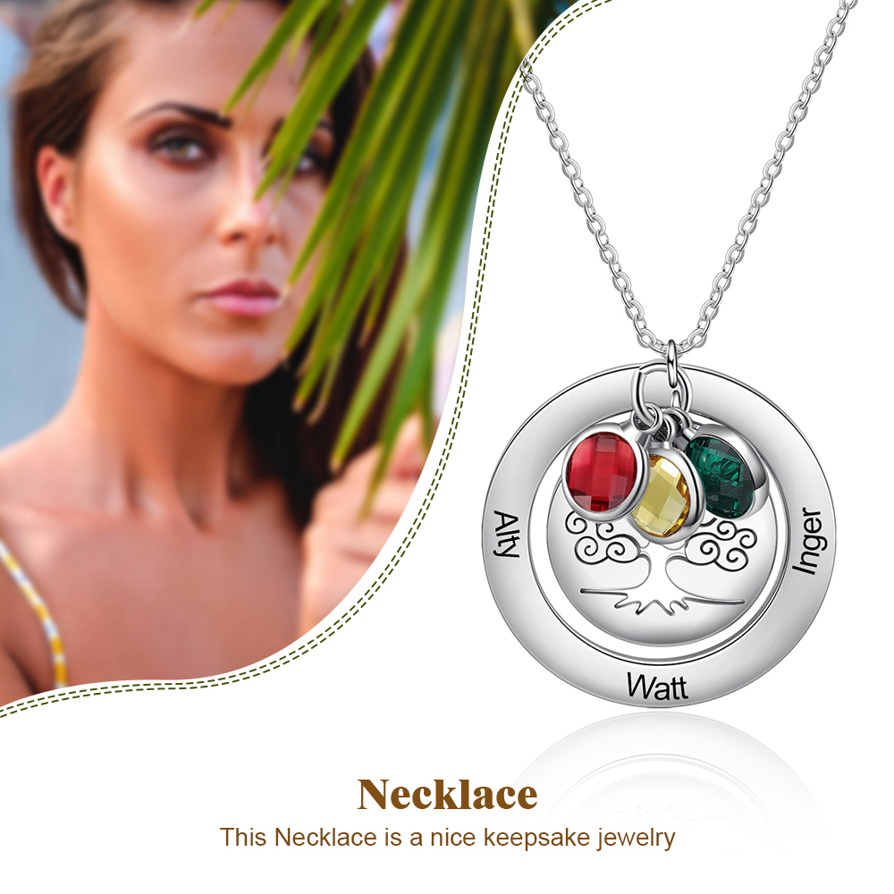 Personalised Family Tree Necklace with 3 Birthstones Engraved Names Gift For Women-Jessemade AU