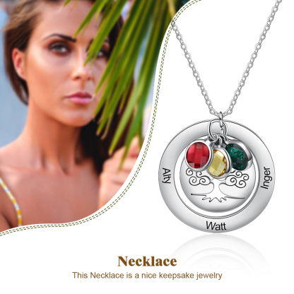 Personalised Family Tree Necklace with 3 Birthstones Engraved Names Gift For Women-Jessemade AU