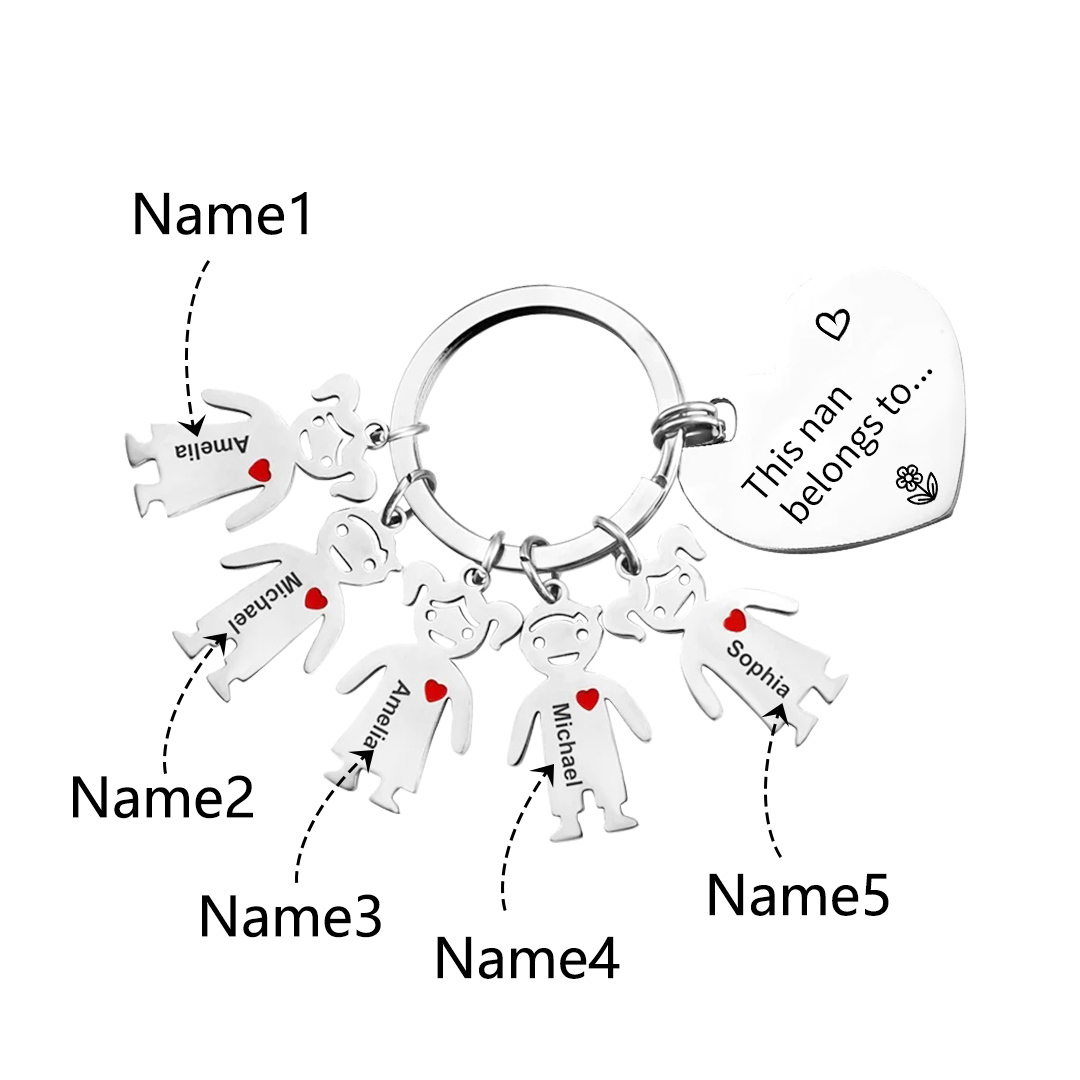 5 Names - Personalised Keychain with Kid Charm Engraved Names Keychain Heart Gift for Nan/Mum-Jessemade AU