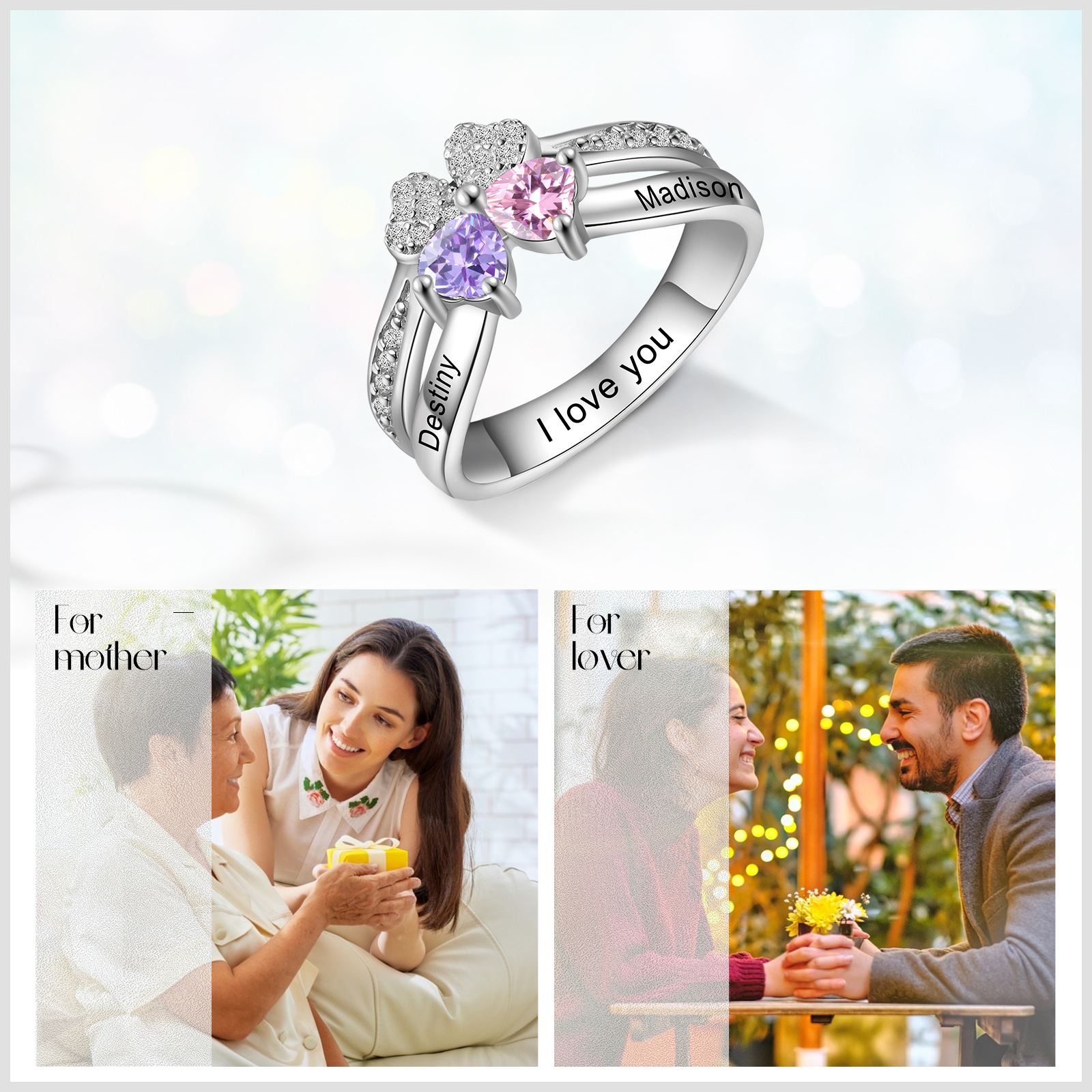 Personalised Ring With 2 Birthstones Engraved Names Ring Best Gift For Women-Jessemade AU