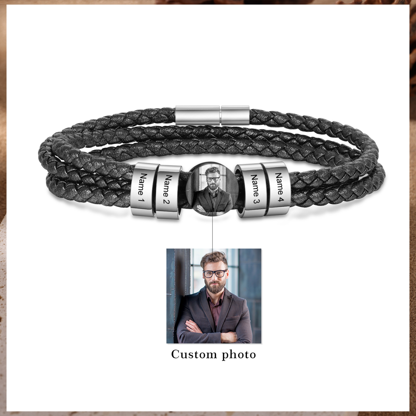 Personalised Photo Bracelet with 4 Names Leather Bracelet Beaded Wrap Bracelet-Jessemade AU
