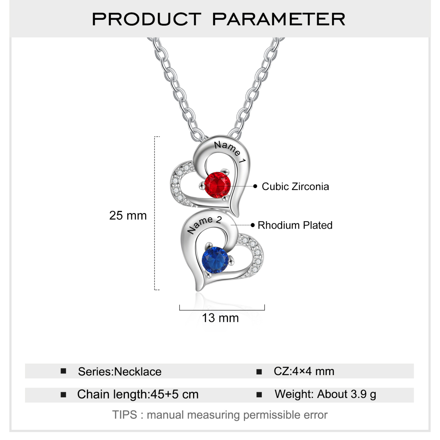 Personalised Heart Necklace With 2 Birthstones Engraved Names Gift For Her-Jessemade AU