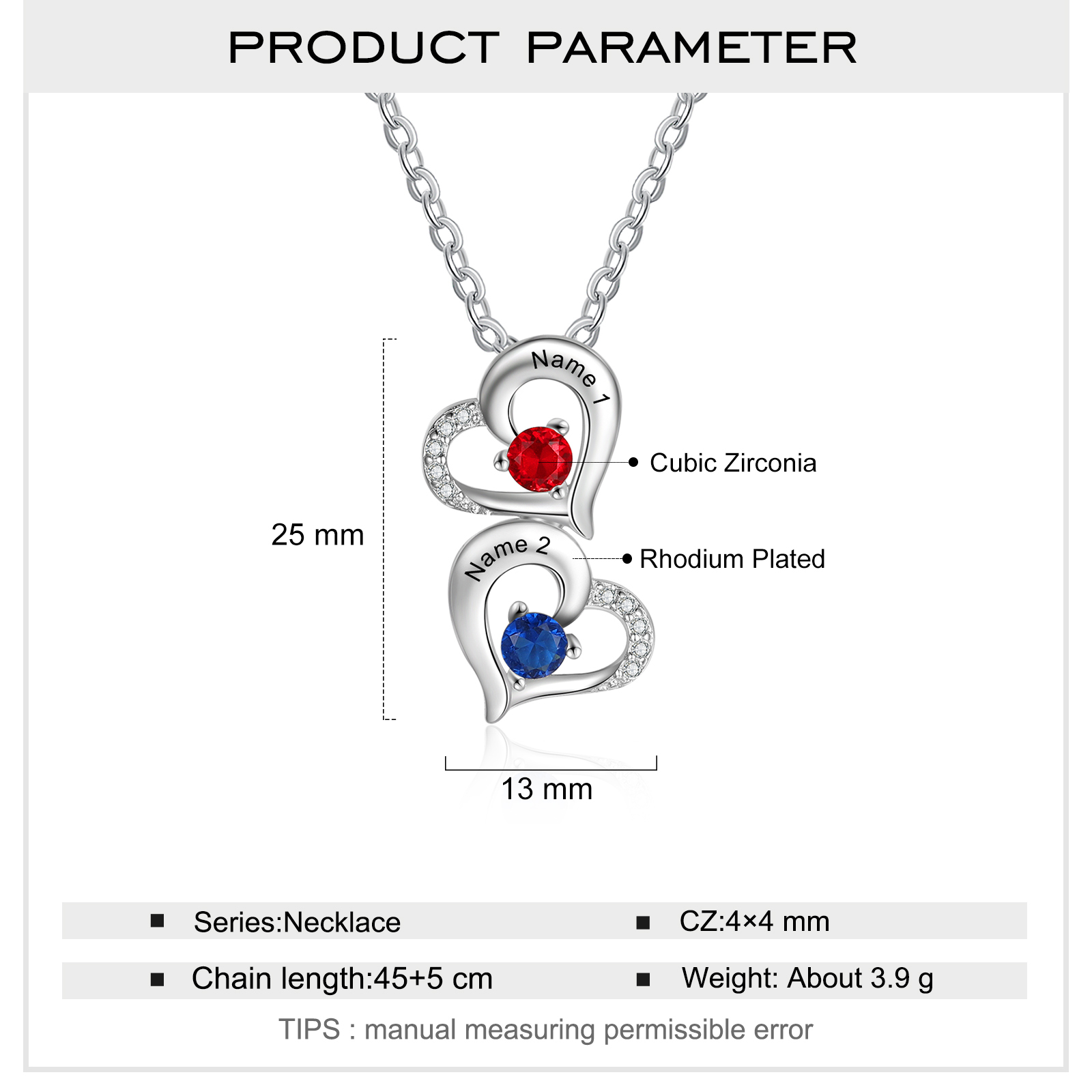 Personalised Heart Necklace With 2 Birthstones Engraved Names Gift For Her-Jessemade AU
