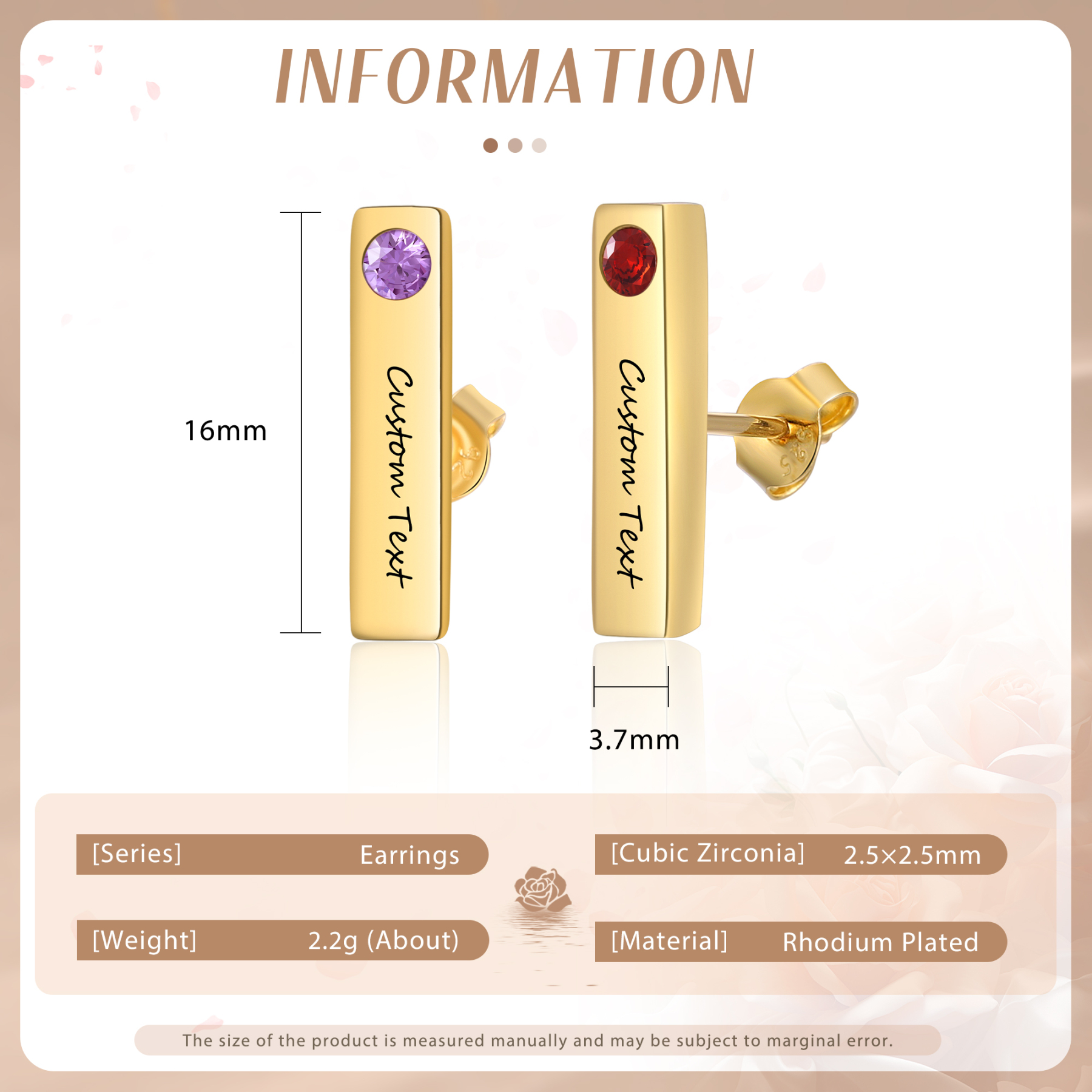 Personalised Bar Earrings Custom 2 Birthstones & 1 Text Earrings Gold Birthday Gift for Her-Jessemade AU