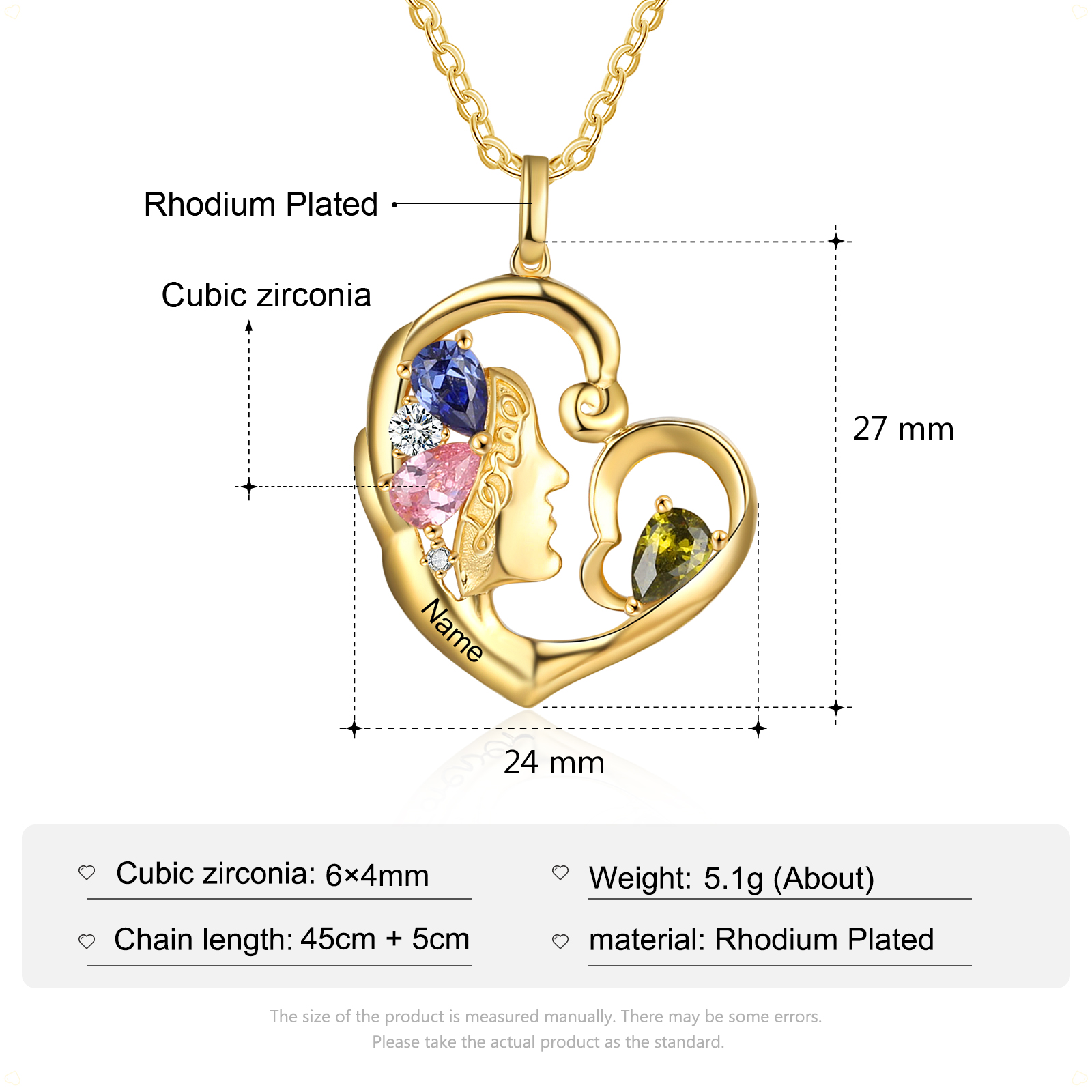 Personalised 1 Name Heart Charm Women's Necklace With 3 Birthstones-Jessemade AU