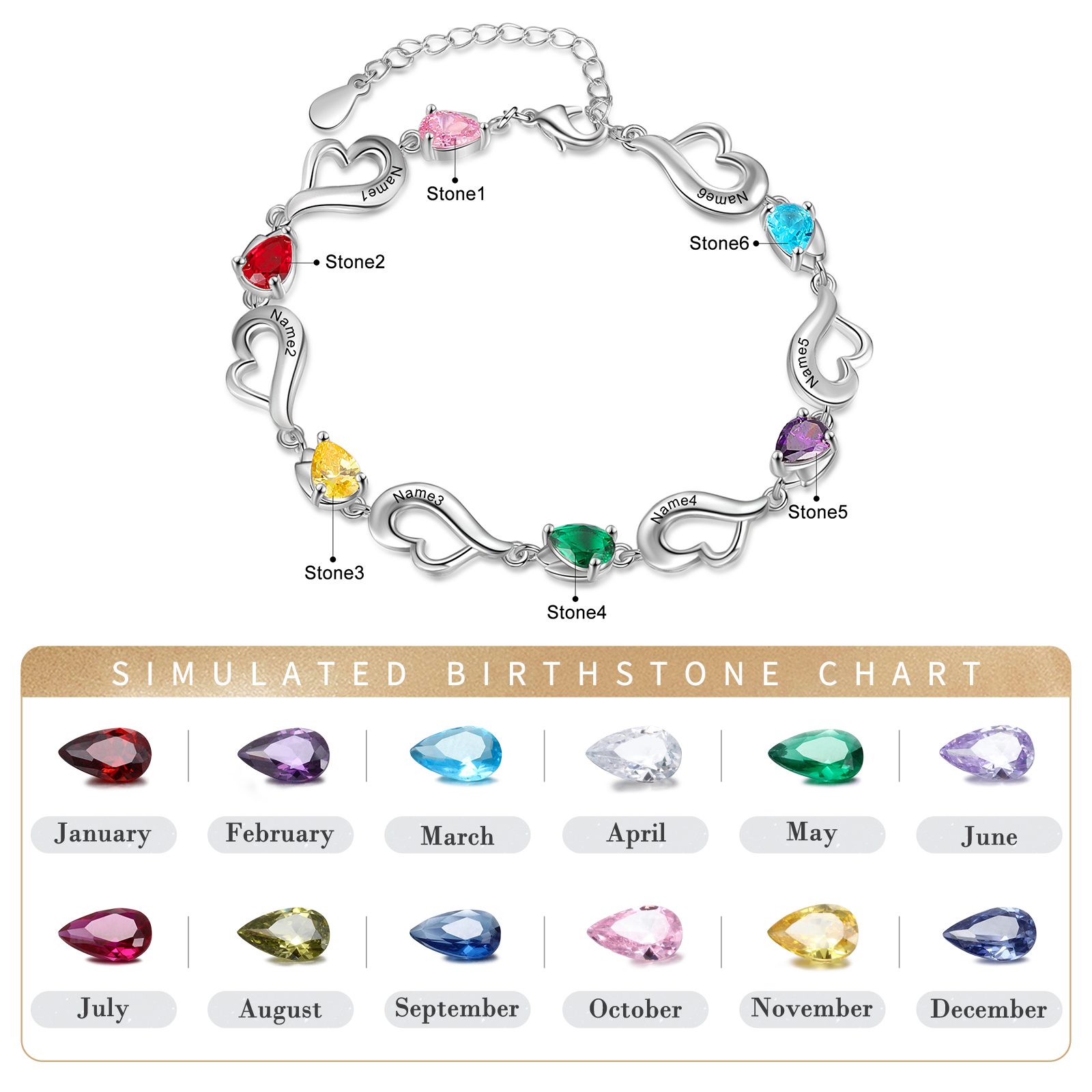 Personalised Heart Bracelet With 6 Birthstones Engraved Name Bracelet Gifts For Her-Jessemade AU