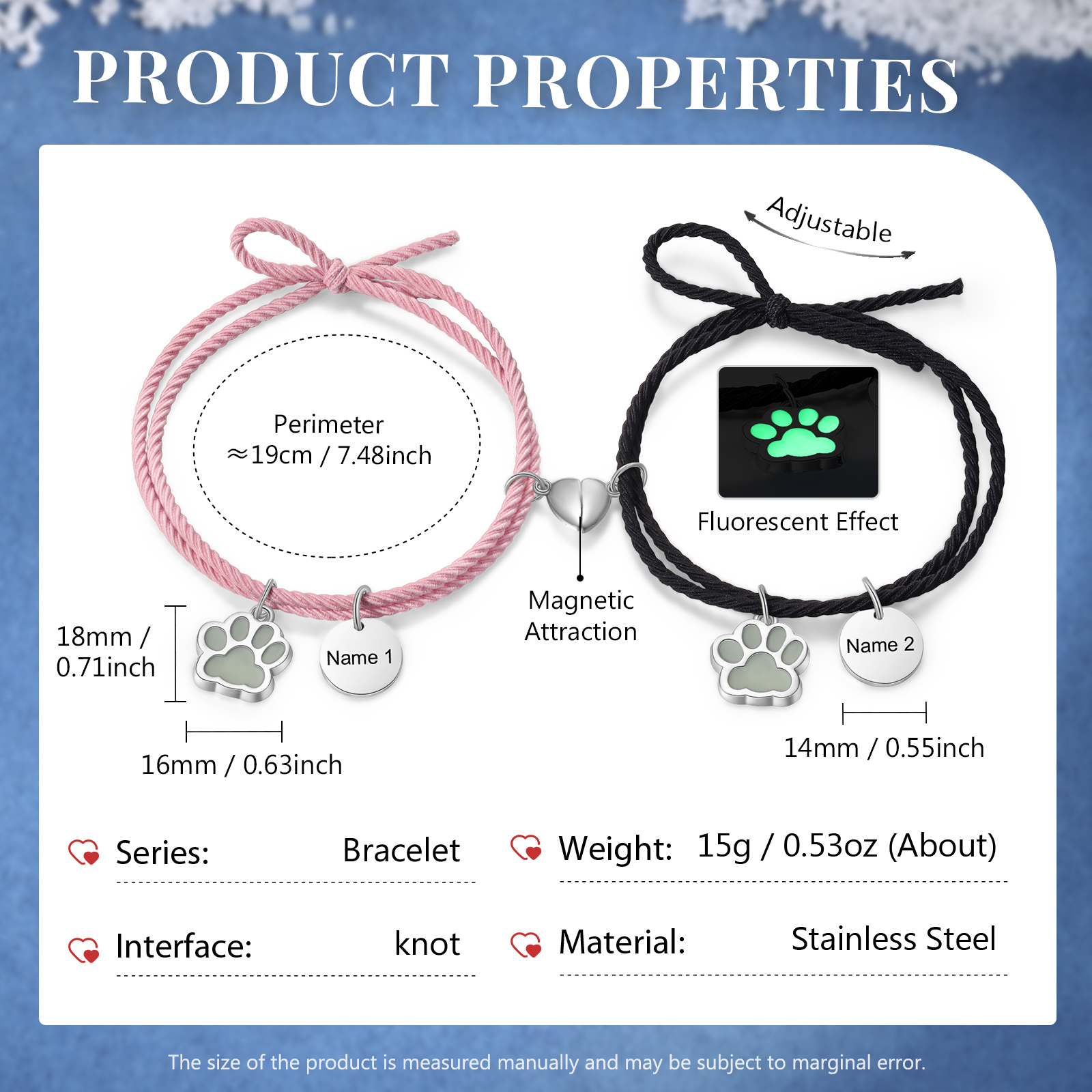 Personalised Couple Bracelets Engraved 2 Names Dog Paw Fluorescent Bracelet Magnetic Bracelet Gifts For Him/Her-Jessemade AU