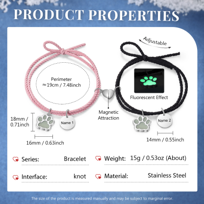 Personalised Couple Bracelets Engraved 2 Names Dog Paw Fluorescent Bracelet Magnetic Bracelet Gifts For Him/Her-Jessemade AU