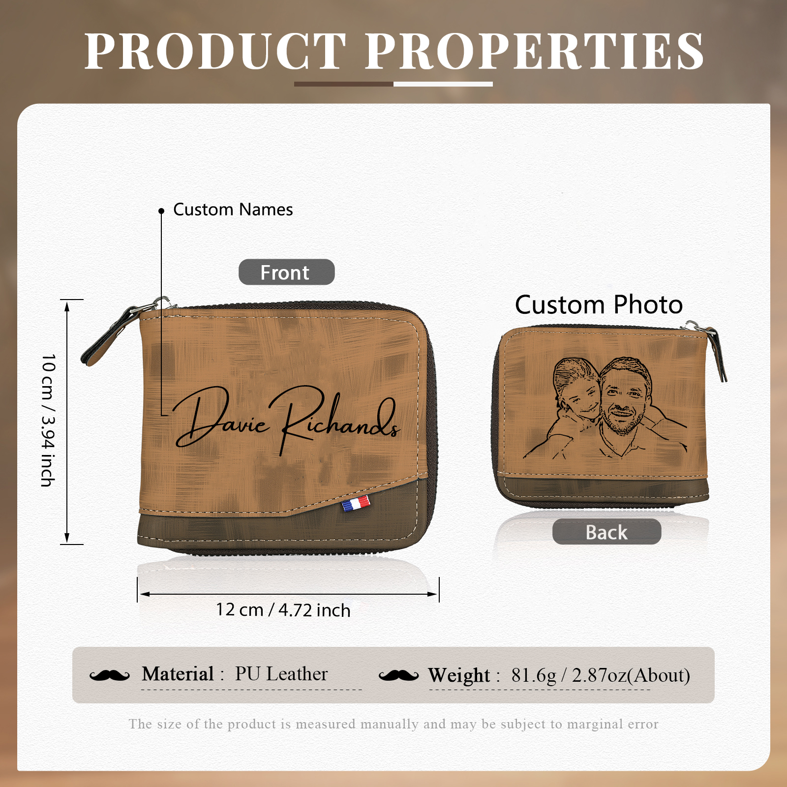 Personalised Photo & Text Billfold Wallet Custom Men's Leather Wallet Zipper Gifts for Him-Jessemade AU