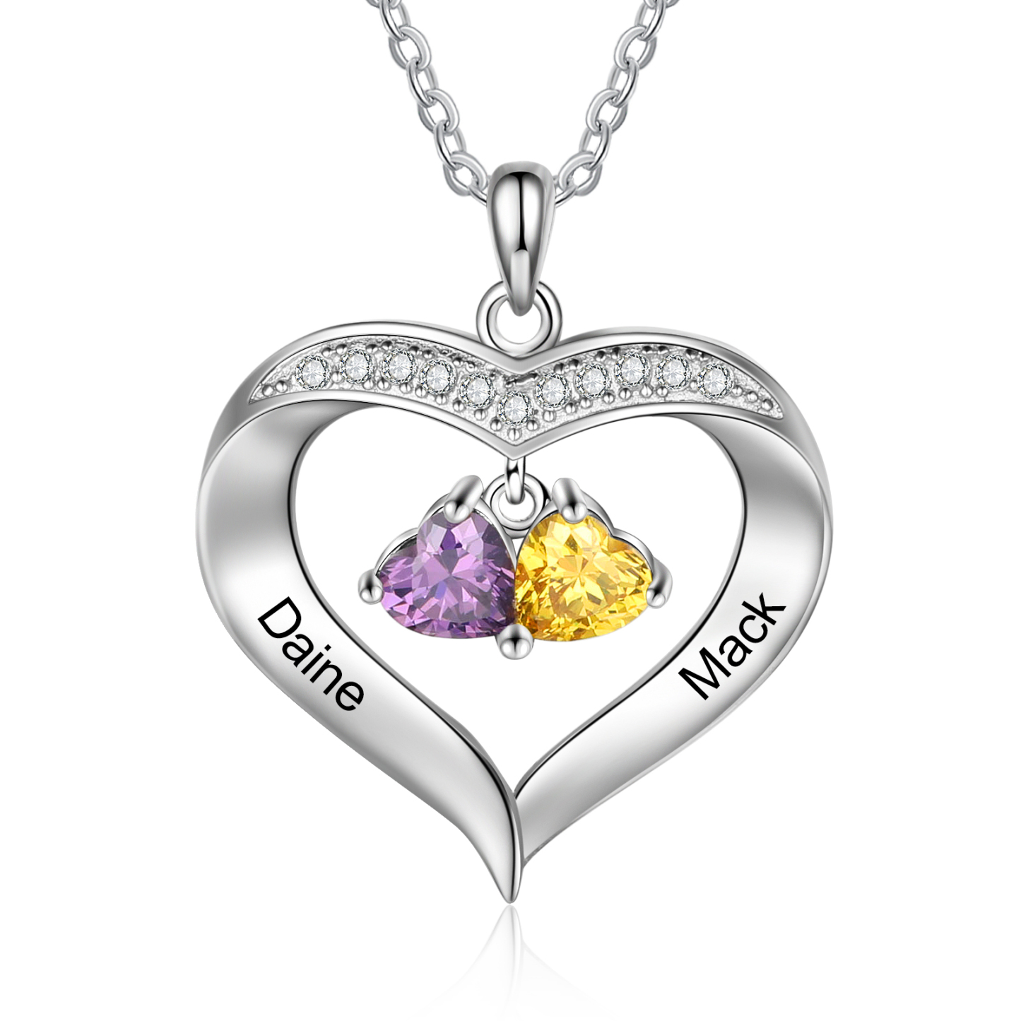 Personalised Heart Pendant Necklace with 2 Birthstones Engraved Names Family Necklace Gifts for Her-Jessemade AU