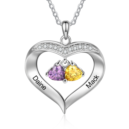 Personalised Heart Pendant Necklace with 2 Birthstones Engraved Names Family Necklace Gifts for Her-Jessemade AU
