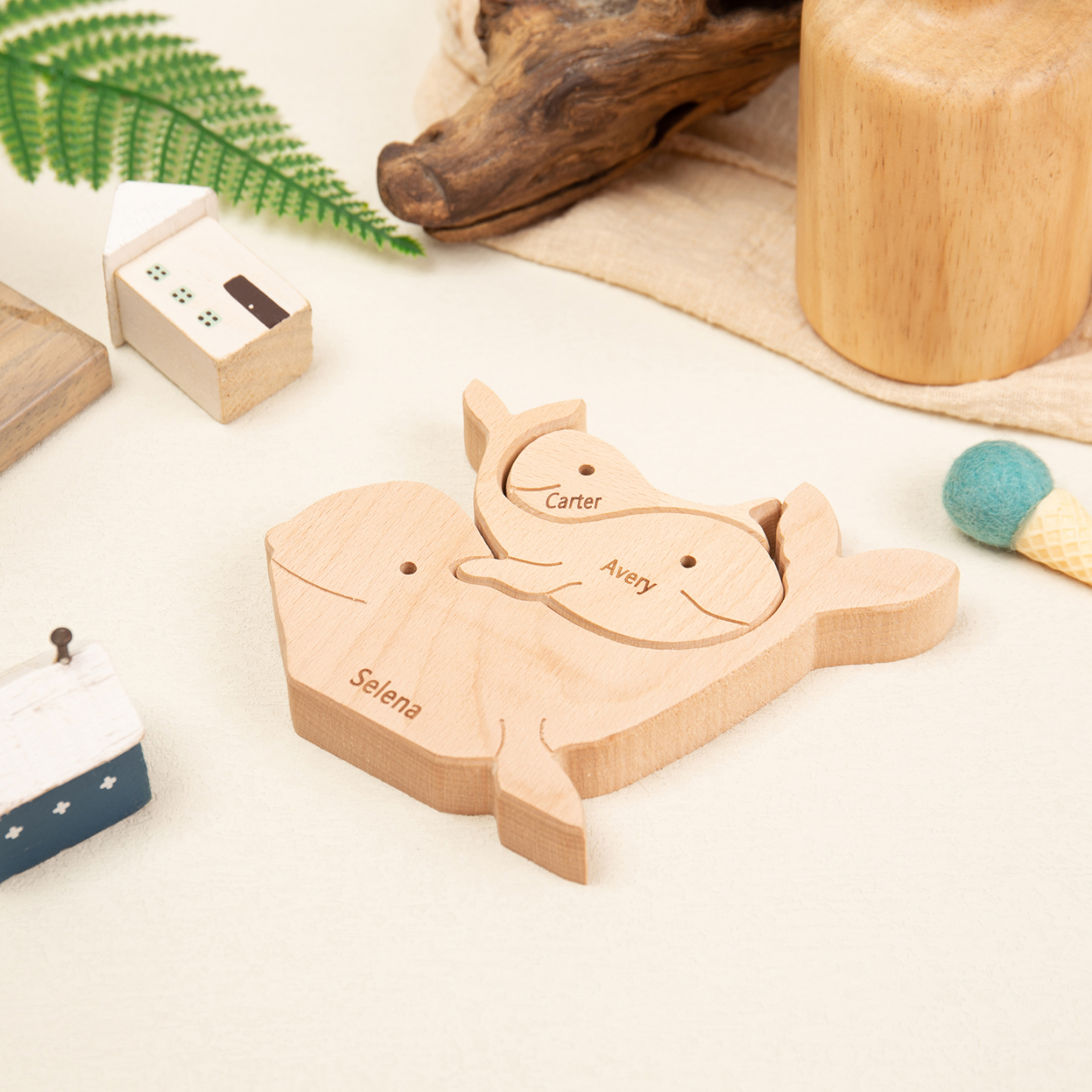 Personalised Wooden Animal Puzzle Custom 3 Names Puzzle Whale Bear Rabbit Hug Ornament Gifts for Family-Jessemade AU