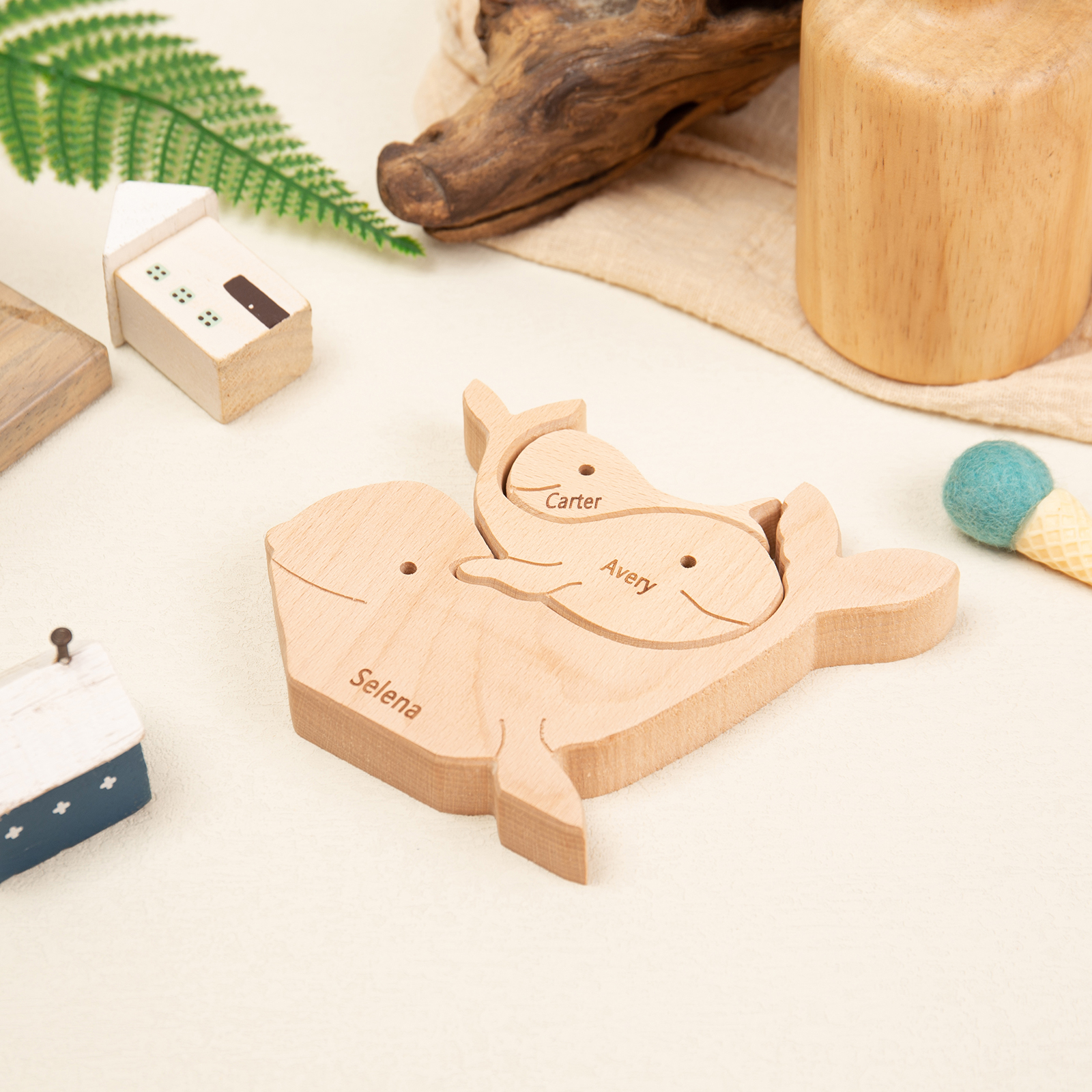 Personalised Wooden Animal Puzzle Custom 3 Names Puzzle Whale Bear Rabbit Hug Ornament Gifts for Family-Jessemade AU