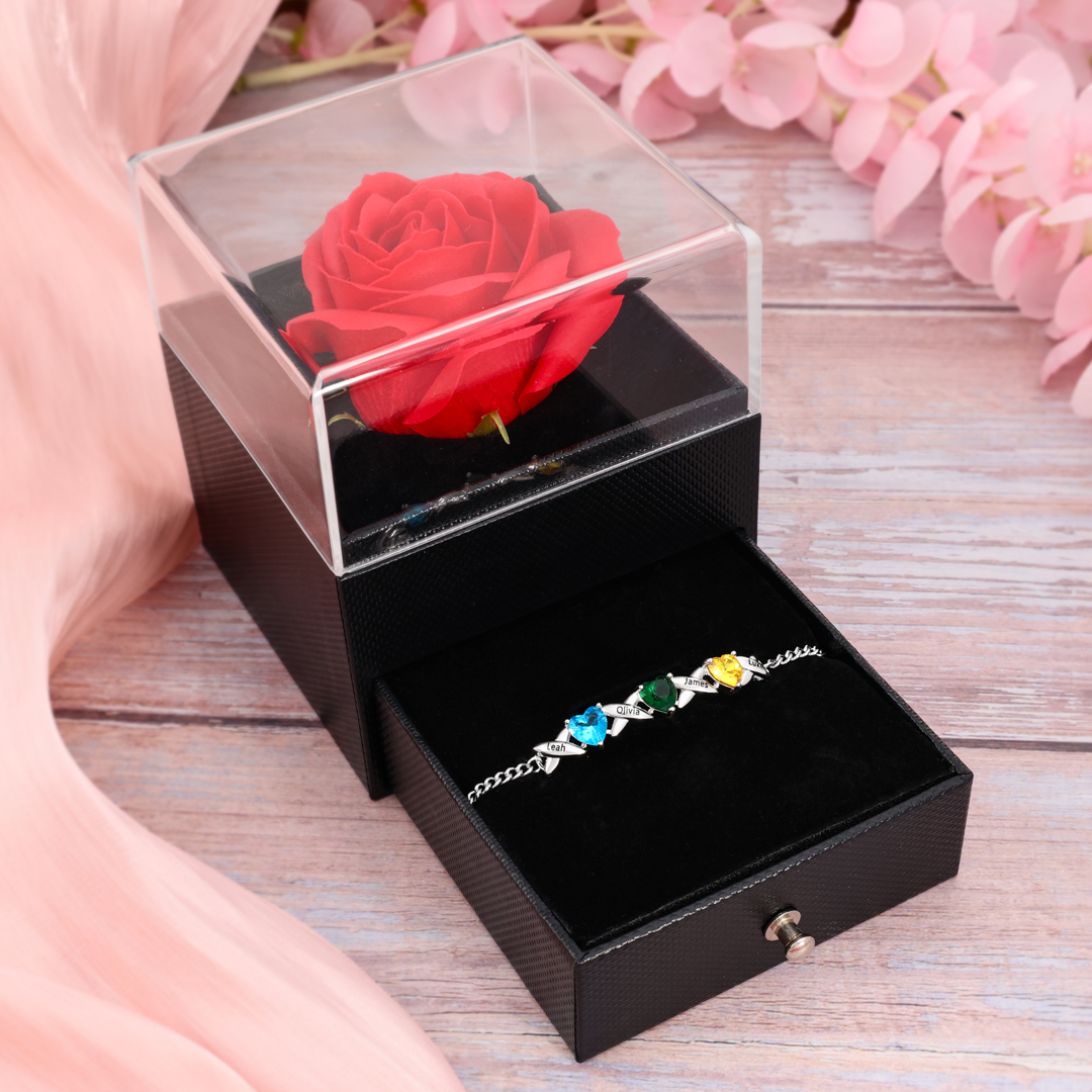 Custom 3 Birthstones Bracelet Engraved 4 Names Bracelet Personalised Birthday Gift for Her-Jessemade AU
