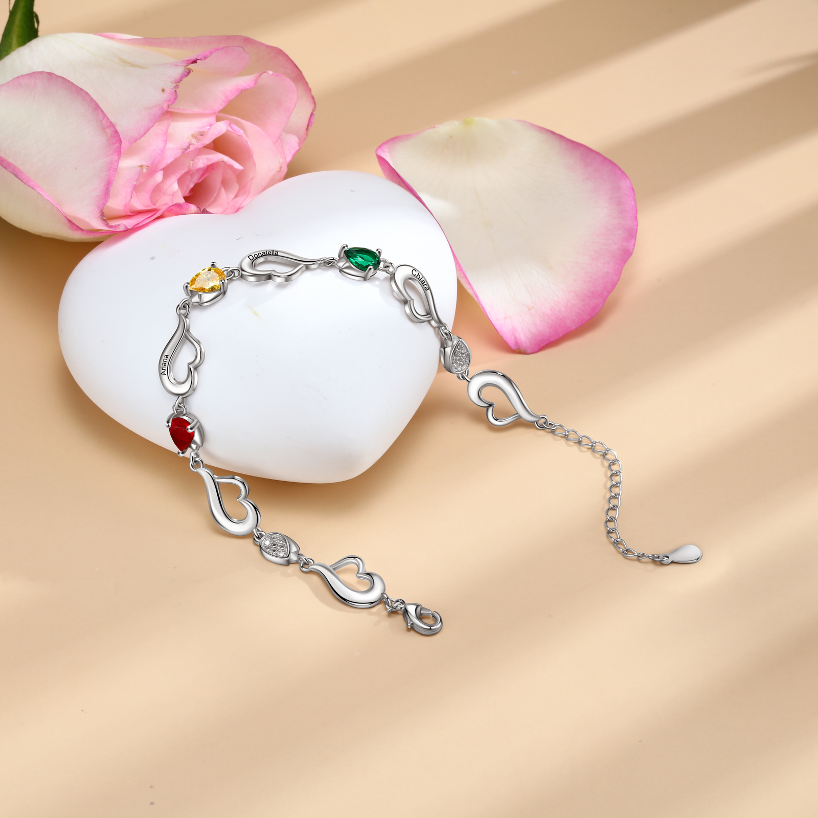 Personalised Heart Bracelet With 3 Birthstones Engraved Name Bracelet Gifts For Her-Jessemade AU