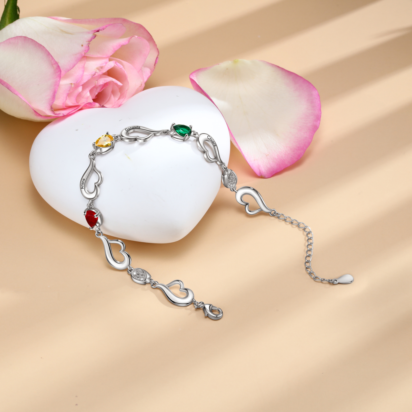 Personalised Heart Bracelet With 3 Birthstones Engraved Name Bracelet Gifts For Her-Jessemade AU
