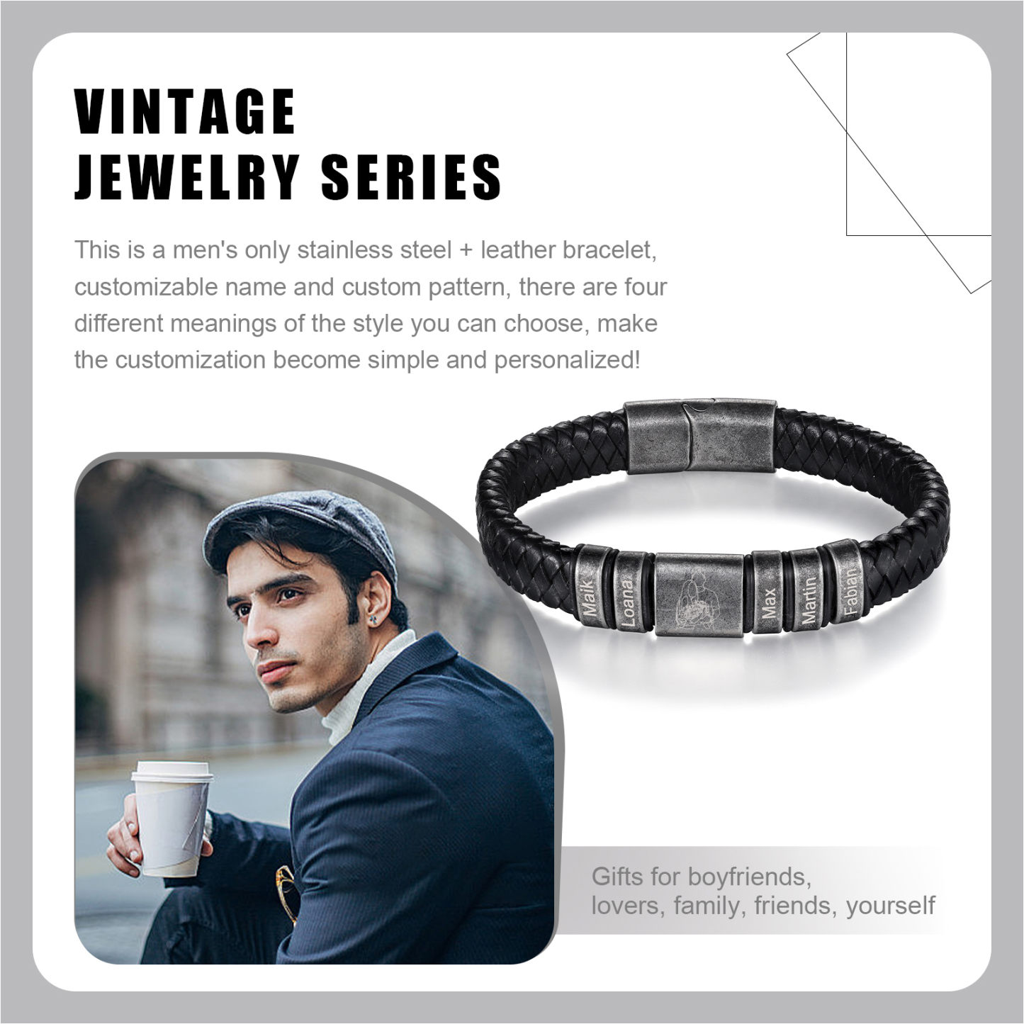 5 Names - Personalised Men's Leather Braided Bracelet Custom Name & Photo Bracelet Vintage Gift for Him-Jessemade AU