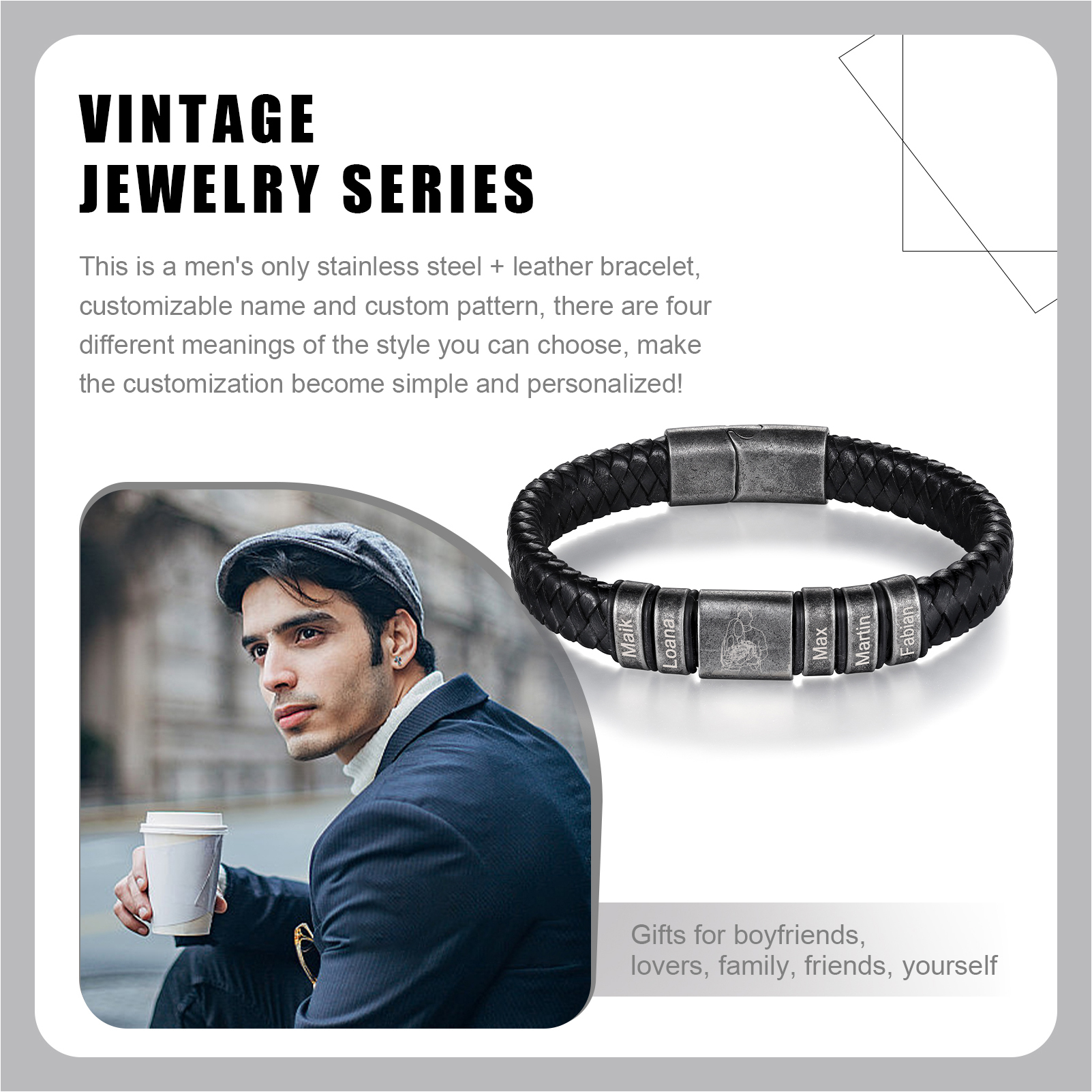 5 Names - Personalised Men's Leather Braided Bracelet Custom Name & Photo Bracelet Vintage Gift for Him-Jessemade AU