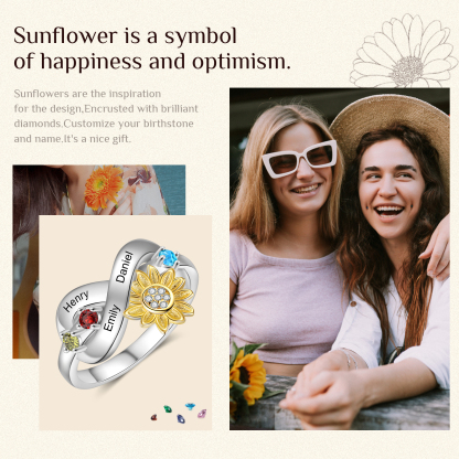 Personalised 3 Birthstones Sunflower Ring Engraved Names Infinity Ring Gifts For Her-Jessemade AU