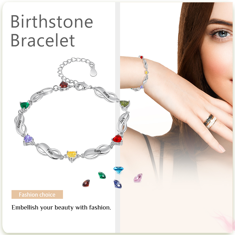 Personalised Bracelet With 6 Birthstones Engraved Names Bracelet Gift For Women-Jessemade AU
