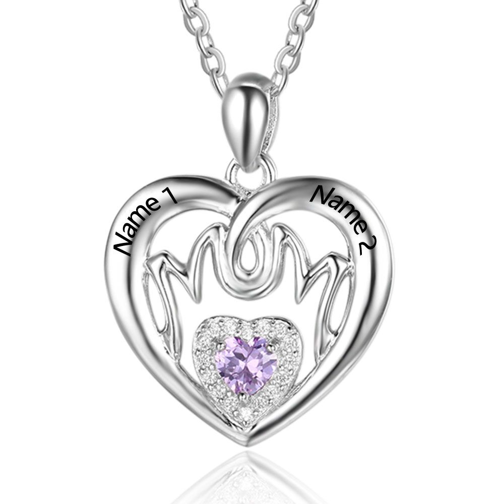 S925 Silver Mom Necklace Personalised Heart Necklace with Birthstone Engraved Name Gifts for Her