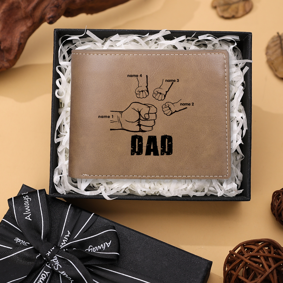 Personalised Leather Mens Wallet Engraved 4 Names Fist Bump Folding Wallet Father's Day Gifts-Jessemade AU