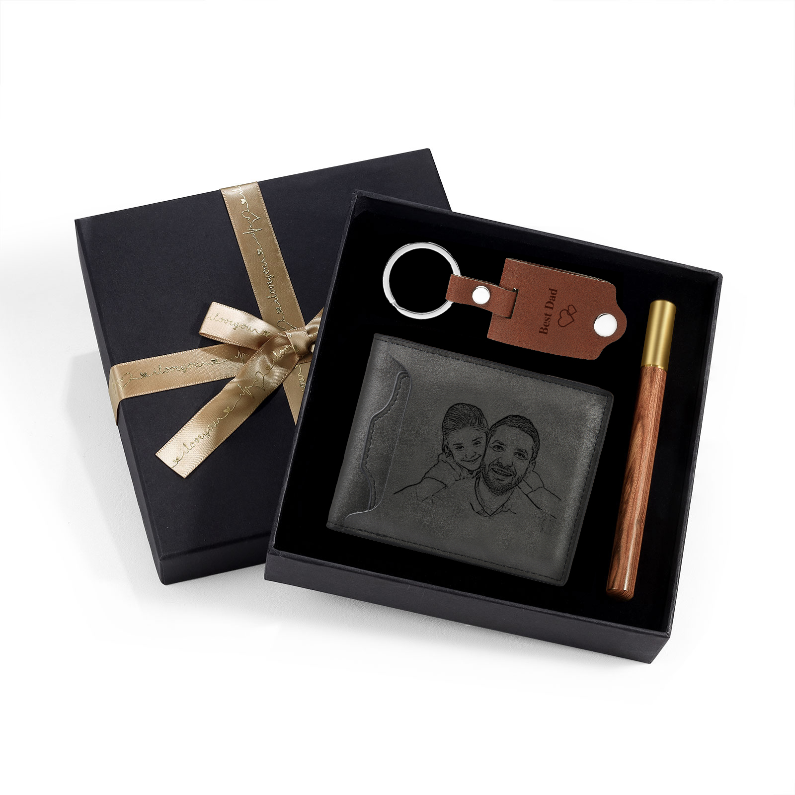 Personalised 2 Texts & 2 Photos & 1 Name & 1 Letter Gift Set Custom Wallet & Keychain & Pen Gift Box Set Father’s Day Gift-Jessemade AU