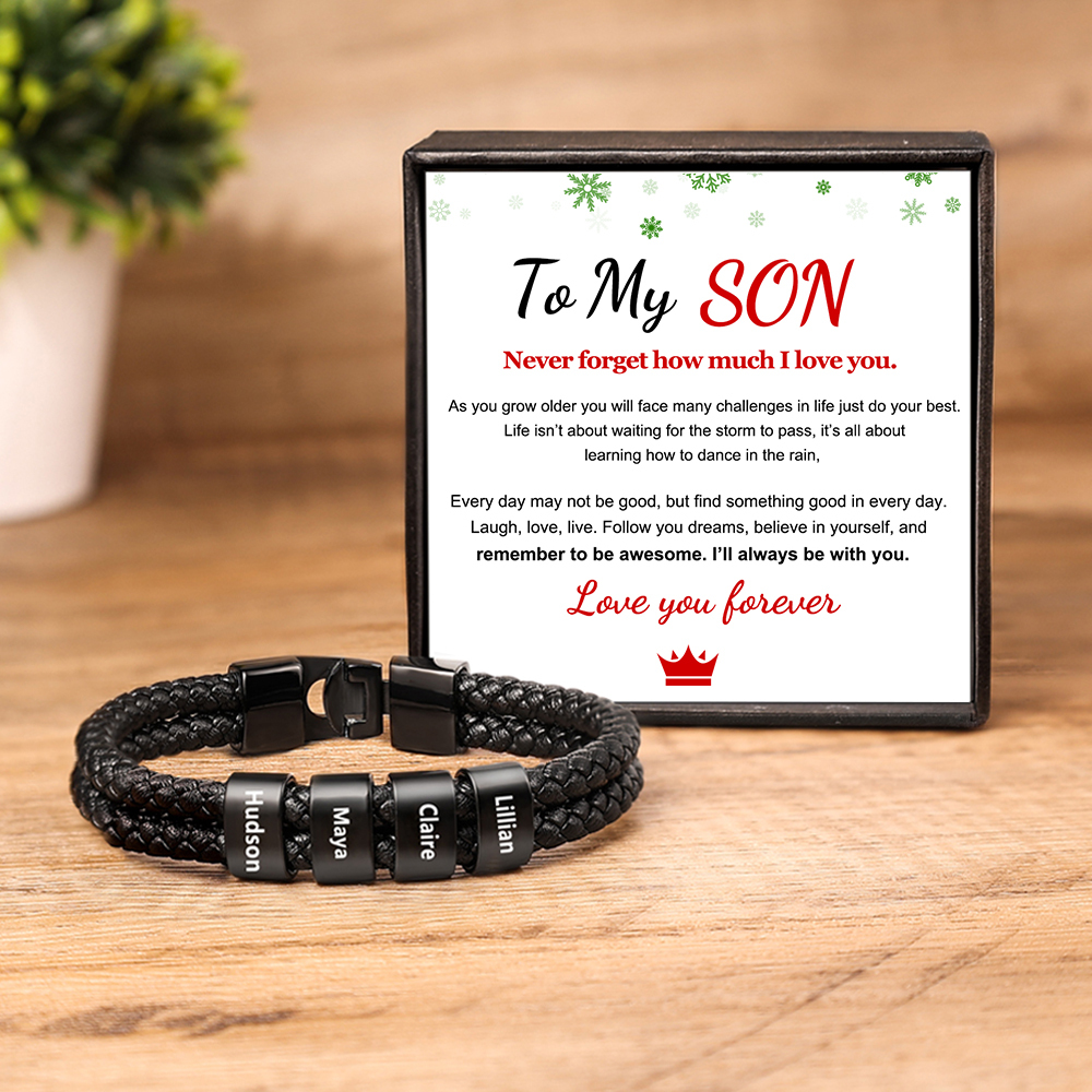 Personalised Braided Leather Bracelet Engraved 4 Names Men's Bracelet for Him-Jessemade AU