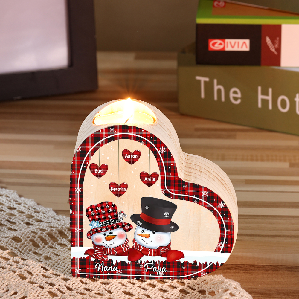Heart-Shaped Christmas Candle Holder Engraved 6 Names Snowman Candlesticks Personalised Gift for Family-Jessemade AU