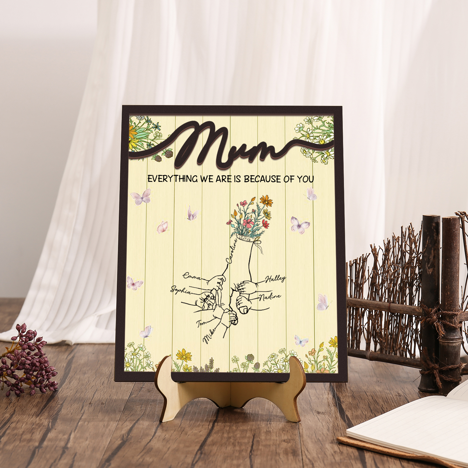 Personalised 7 Names Wooden Plaque Holding Mum's Hand Desktop Decoration With Stand - EVERYTHING WE ARE IS BECAUSE OF YOU-Jessemade AU