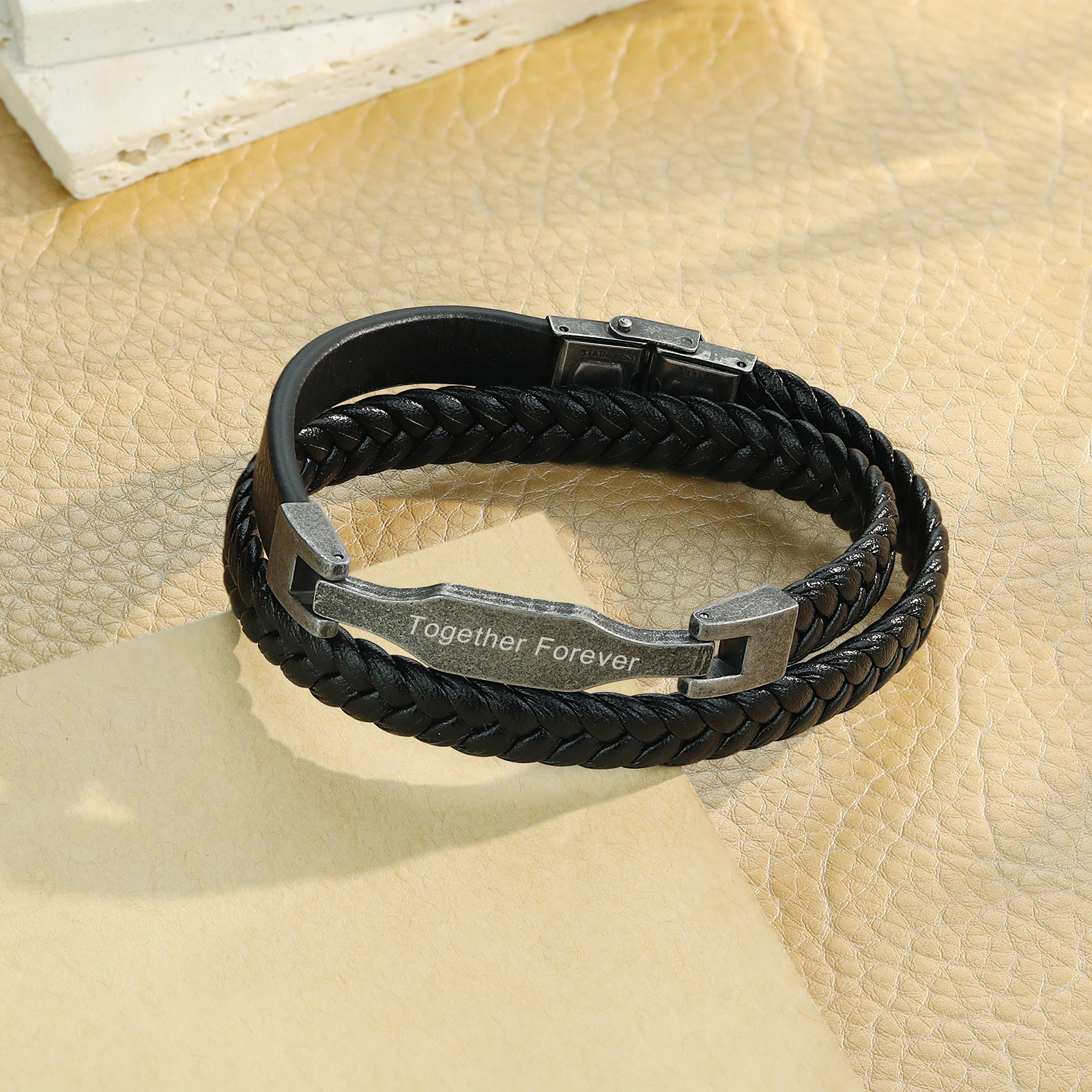 Vintage Men's Leather Bracelet Custom Text Stainless Steel Bracelet Personalised Gift for Him-Jessemade AU