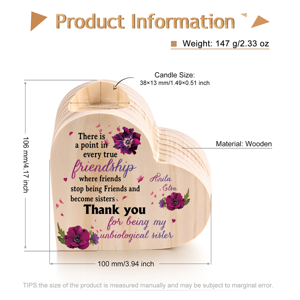 To My Sister Wooden Candle Holder Customised 2 Names Friendship Candlesticks - Thank You For Being My Unbiological Sister-Jessemade AU